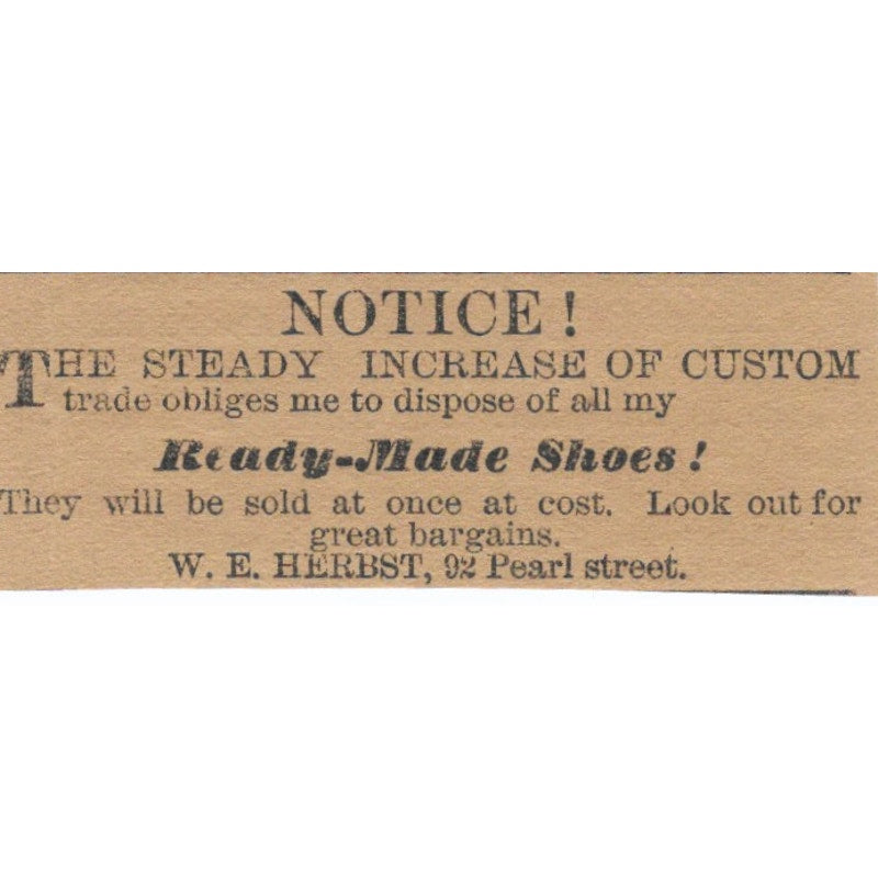 W.E. Herbst Shoes Pearl Street Hartford 1886 Newspaper Ad AF7-SS7