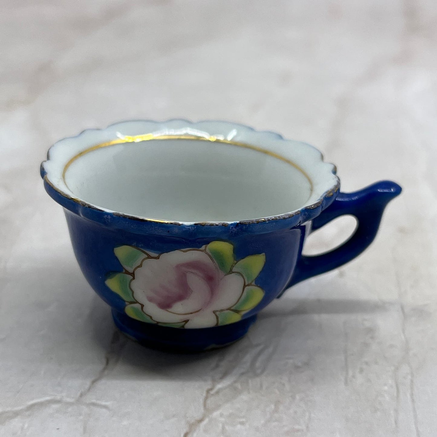 Vintage Miniature Porcelain Tea Cup Blue and Pink Floral Gold Trim Japan SB8