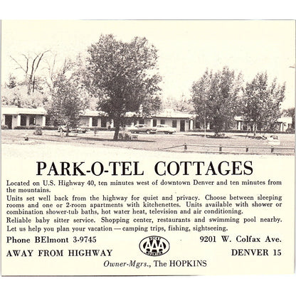 Park-O-Tel Cottages Hopkins, Sunset village Motel Denver CO 1958 Ad AG1-H3