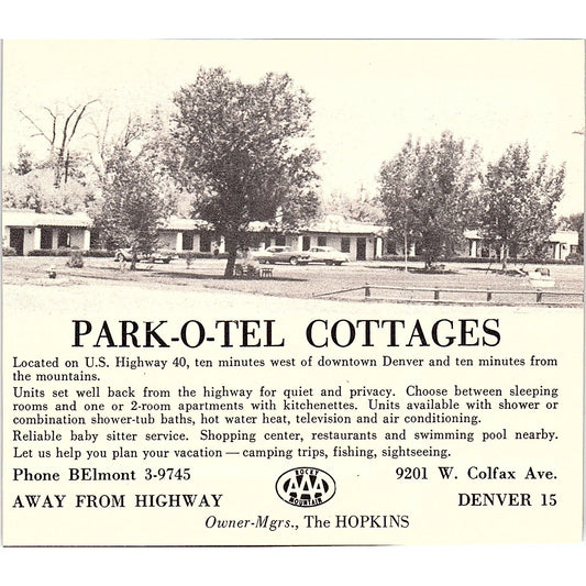Park-O-Tel Cottages Hopkins, Sunset village Motel Denver CO 1958 Ad AG1-H3