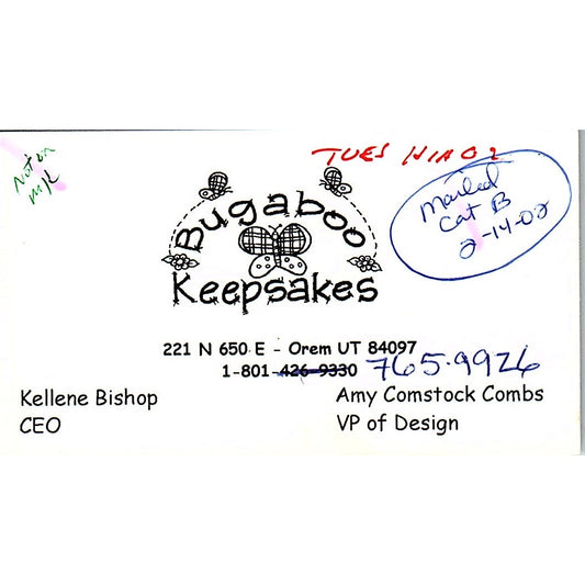 Kellene Bishop Bugaboo Keepsakes Amy Comstock Combs Orem Business Card SC9-B11