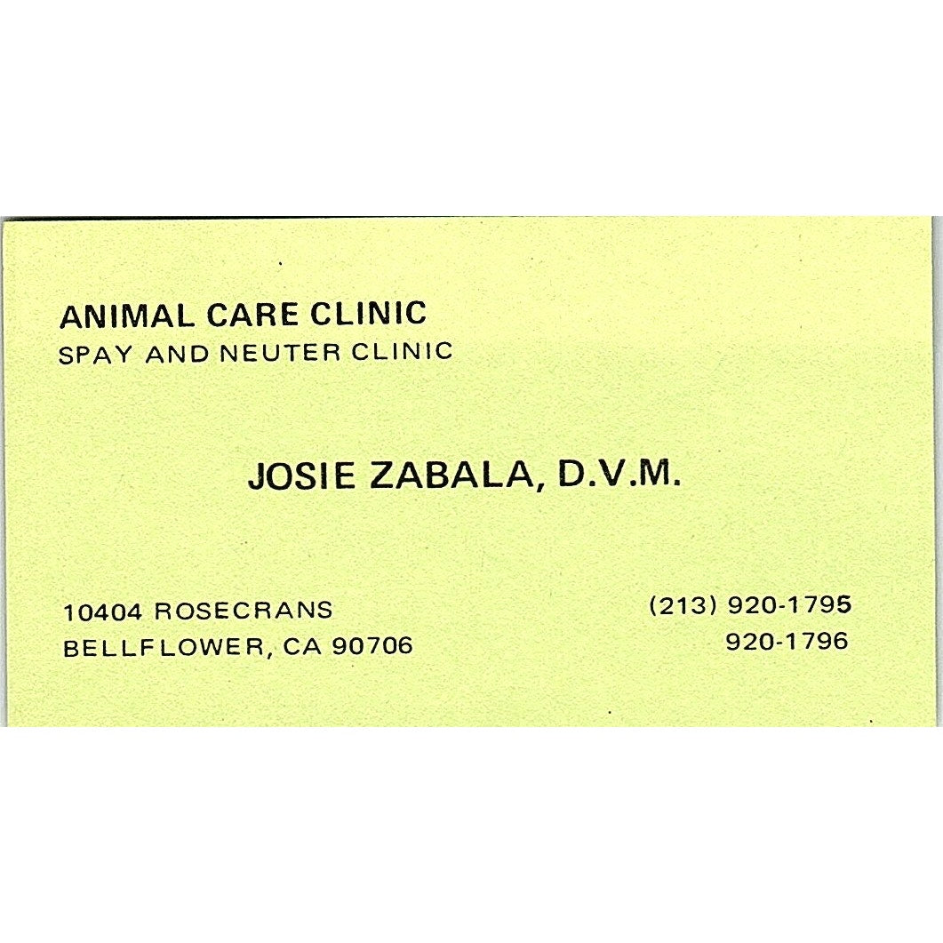 Josie Zabala DVM Animal Care Clinic Bellflower CA Vintage Business Card SE5-B1