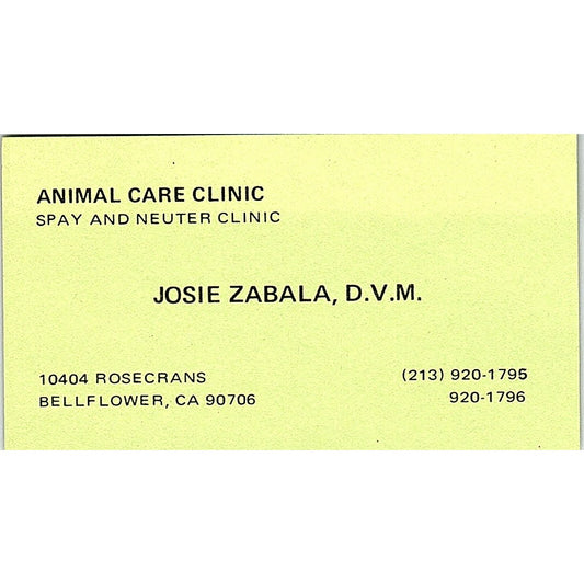 Josie Zabala DVM Animal Care Clinic Bellflower CA Vintage Business Card SE5-B1