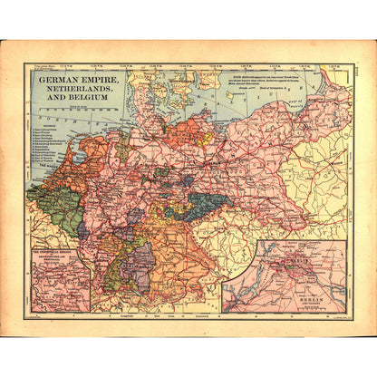 Map German Empire Netherlands Belgium Scandinavia 1901 Original Engraving V1-1