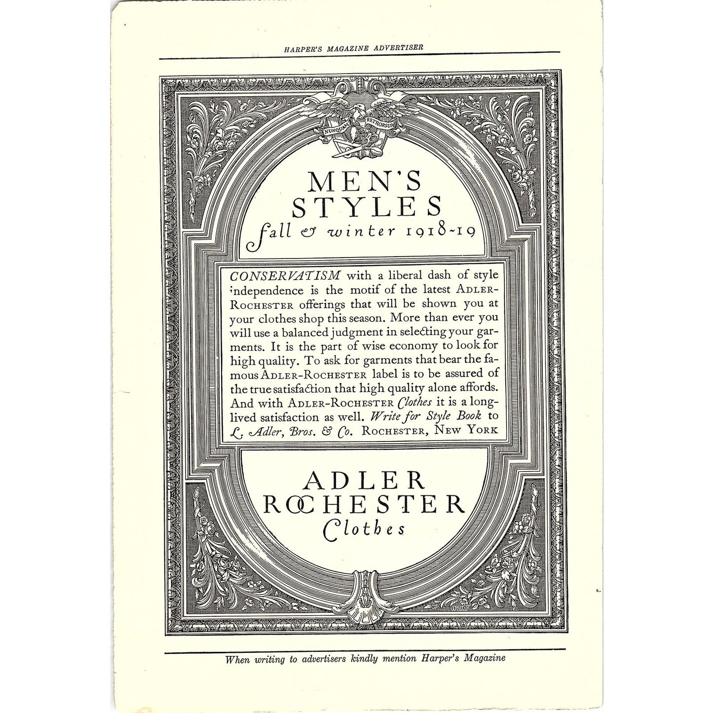 Adler Rochester Clothes L. Adler, Bros & Co Rochester NY c1920 Ad AF8-7