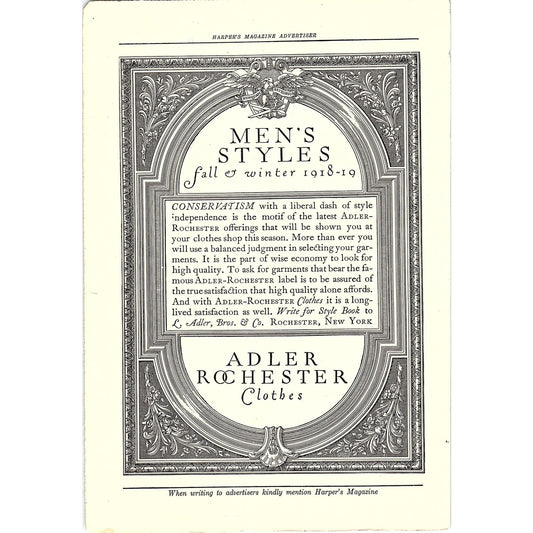 Adler Rochester Clothes L. Adler, Bros & Co Rochester NY c1920 Ad AF8-7