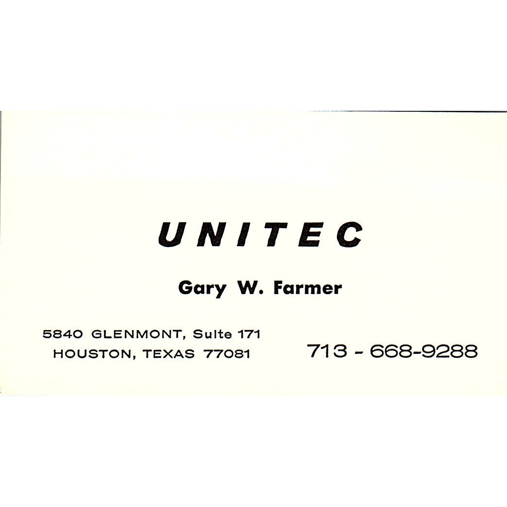 Unitec Gary W Farmer Houston Texas Vintage Business Card SB4-B9