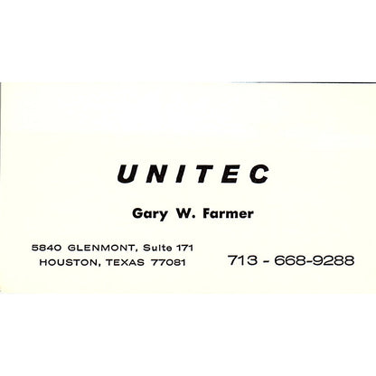 Unitec Gary W Farmer Houston Texas Vintage Business Card SB4-B9