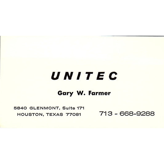 Unitec Gary W Farmer Houston Texas Vintage Business Card SB4-B9