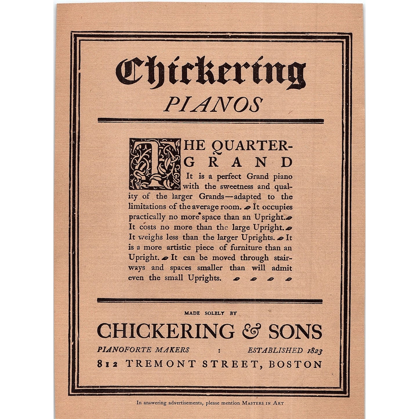 Chickering & Sons Quarter Grand Pianos Tremont St Boston - 1904 Ad AF5-1