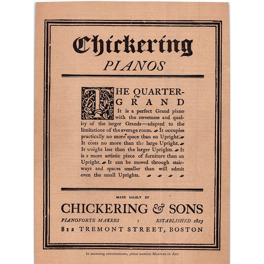 Chickering & Sons Quarter Grand Pianos Tremont St Boston - 1904 Ad AF5-1
