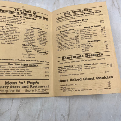 c1980 Mom n' Pop's Country Store and Restaurant Menu Boone NC TI8-S5