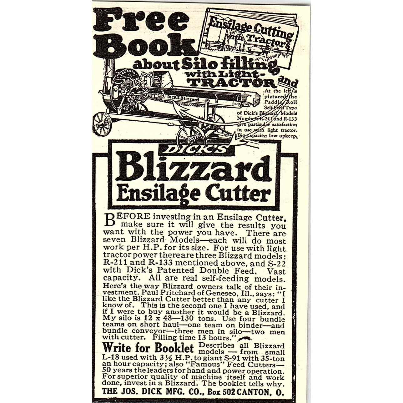 The Jos. Dick Mfg Co Blizzard Ensilage Cutter Canton Ohio 1924 Ad AG3-M3