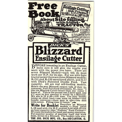 The Jos. Dick Mfg Co Blizzard Ensilage Cutter Canton Ohio 1924 Ad AG3-M3