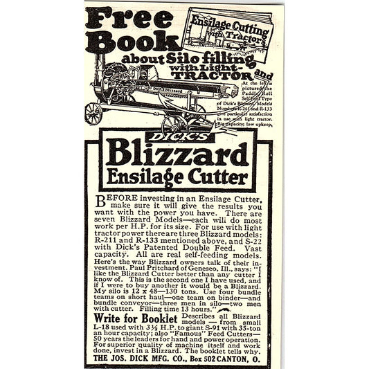 The Jos. Dick Mfg Co Blizzard Ensilage Cutter Canton Ohio 1924 Ad AG3-M3