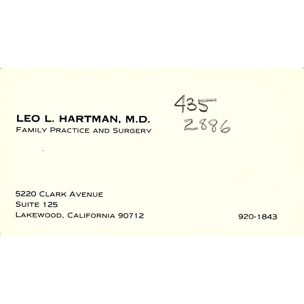 Family Practice and Surgery, Leo L. Hartman, Lakewood, CA Business Card SF3-B8