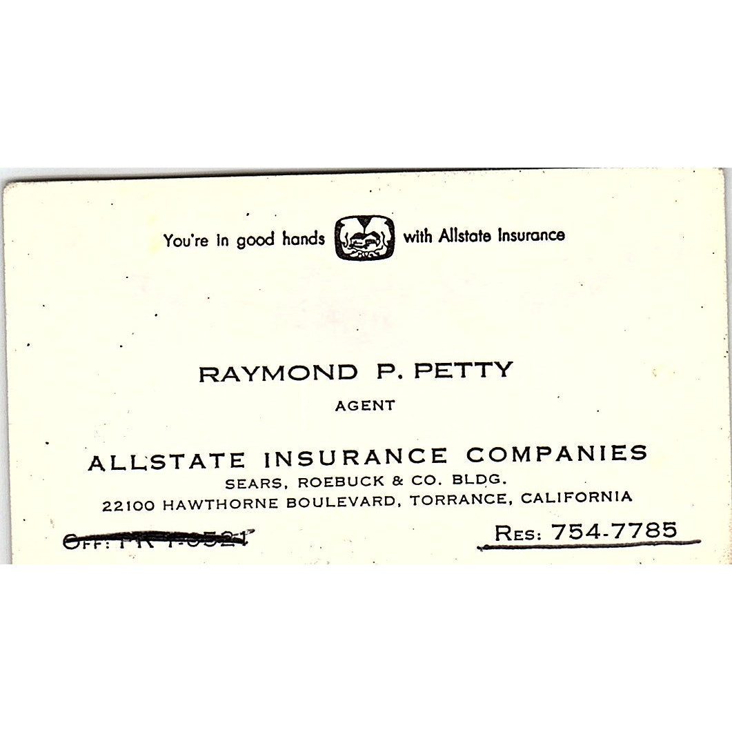 Raymond P Petty Allstate Ins Co Torrance CA Vintage Business Card SE3-B15