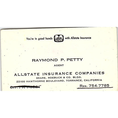 Raymond P Petty Allstate Ins Co Torrance CA Vintage Business Card SE3-B15