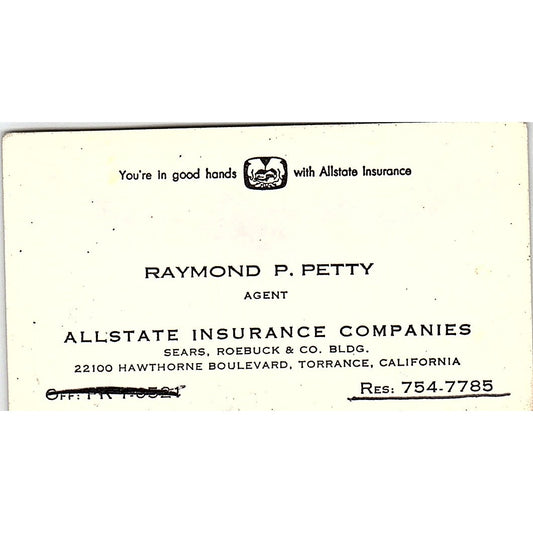 Raymond P Petty Allstate Ins Co Torrance CA Vintage Business Card SE3-B15