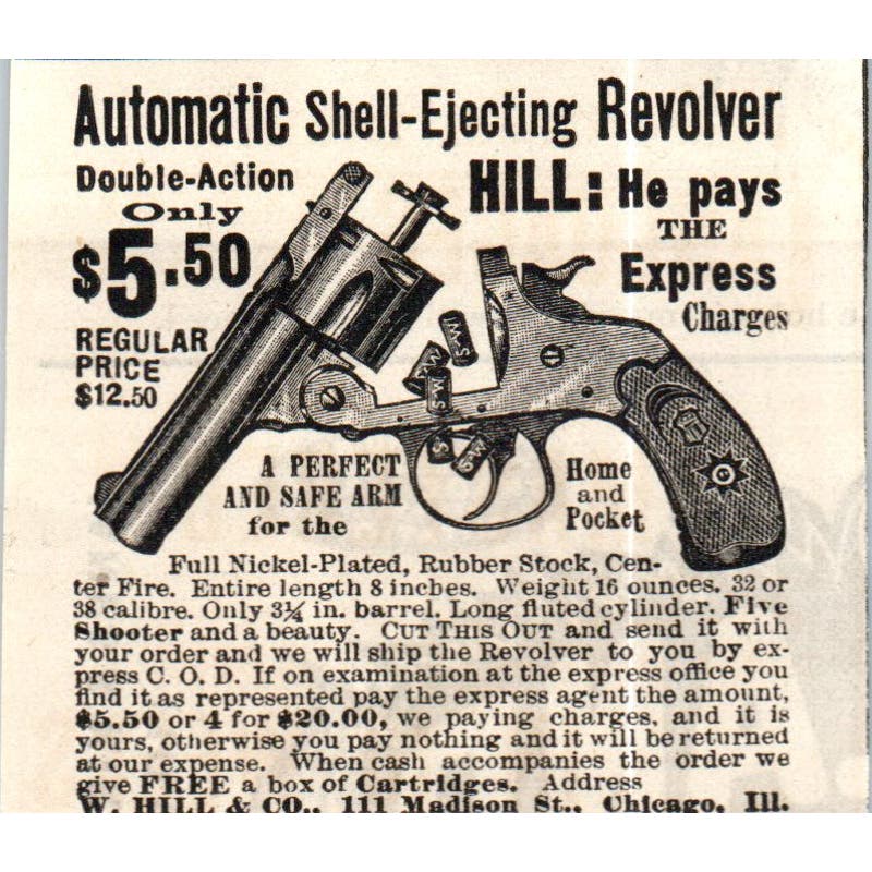 W. Hill & Co Automatic Shell-Ejecting Revolver c1890 Victorian Ad AE8-CH8