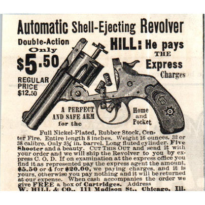 W. Hill & Co Automatic Shell-Ejecting Revolver c1890 Victorian Ad AE8-CH8