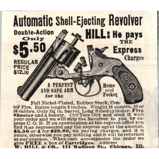 W. Hill & Co Automatic Shell-Ejecting Revolver c1890 Victorian Ad AE8-CH8