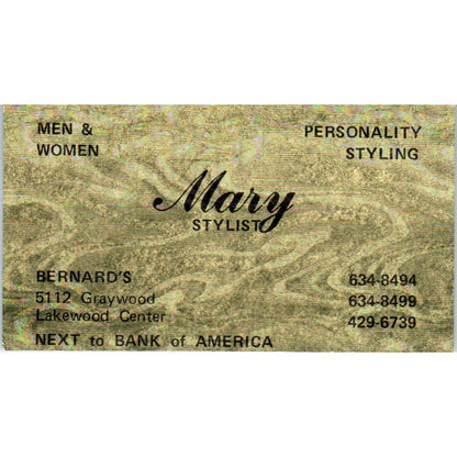 Bernard's Salon Mary Stylist Lakewood CA Vintage Business Card SD8-B10