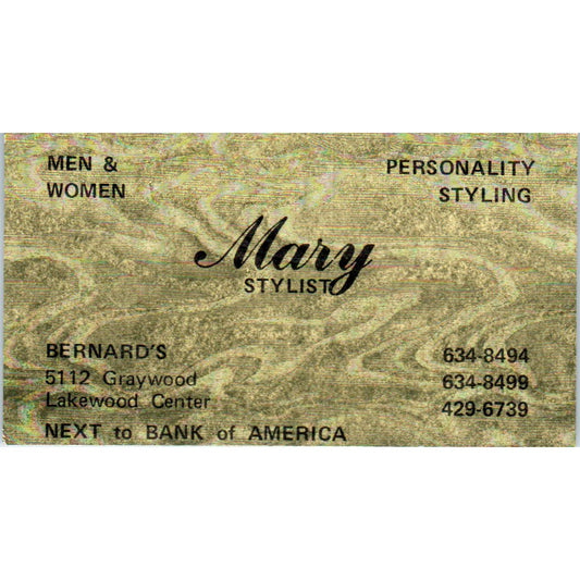 Bernard's Salon Mary Stylist Lakewood CA Vintage Business Card SD8-B10