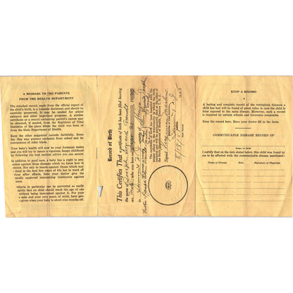 State of New Jersey Record of Birth and Health Joseph Leonard Arendt 1955 AB9