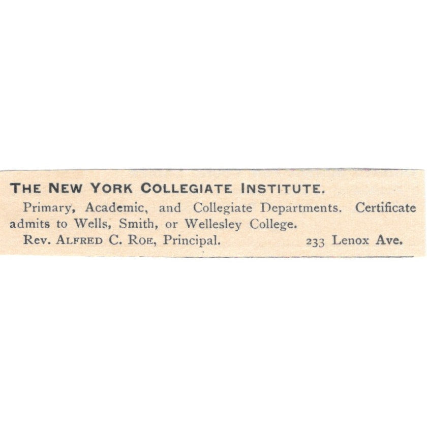 The New York Collegiate Institute Alfred C. Roe Lenox Ave NY 1892 Ad AB6-S6