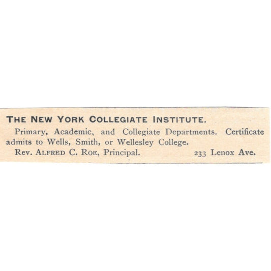 The New York Collegiate Institute Alfred C. Roe Lenox Ave NY 1892 Ad AK6-S6
