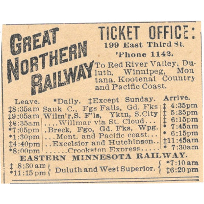 Great Northern Railway Timetables St. Paul 1898 Newspaper Ad AF2-S7