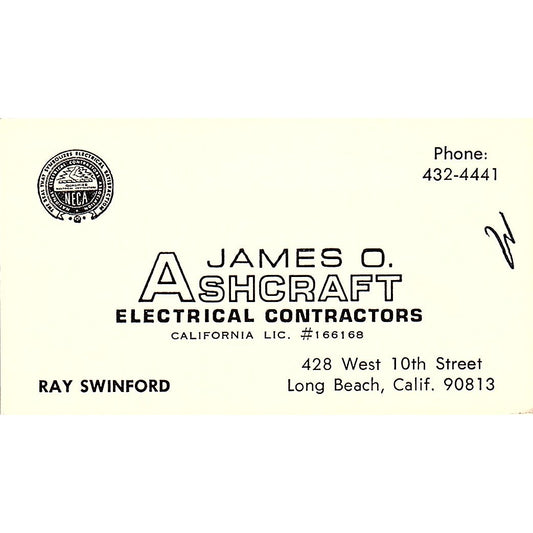 James O. Ashcrafts Ray Swinford Long Beach CA Vintage Business Card SF3-B5