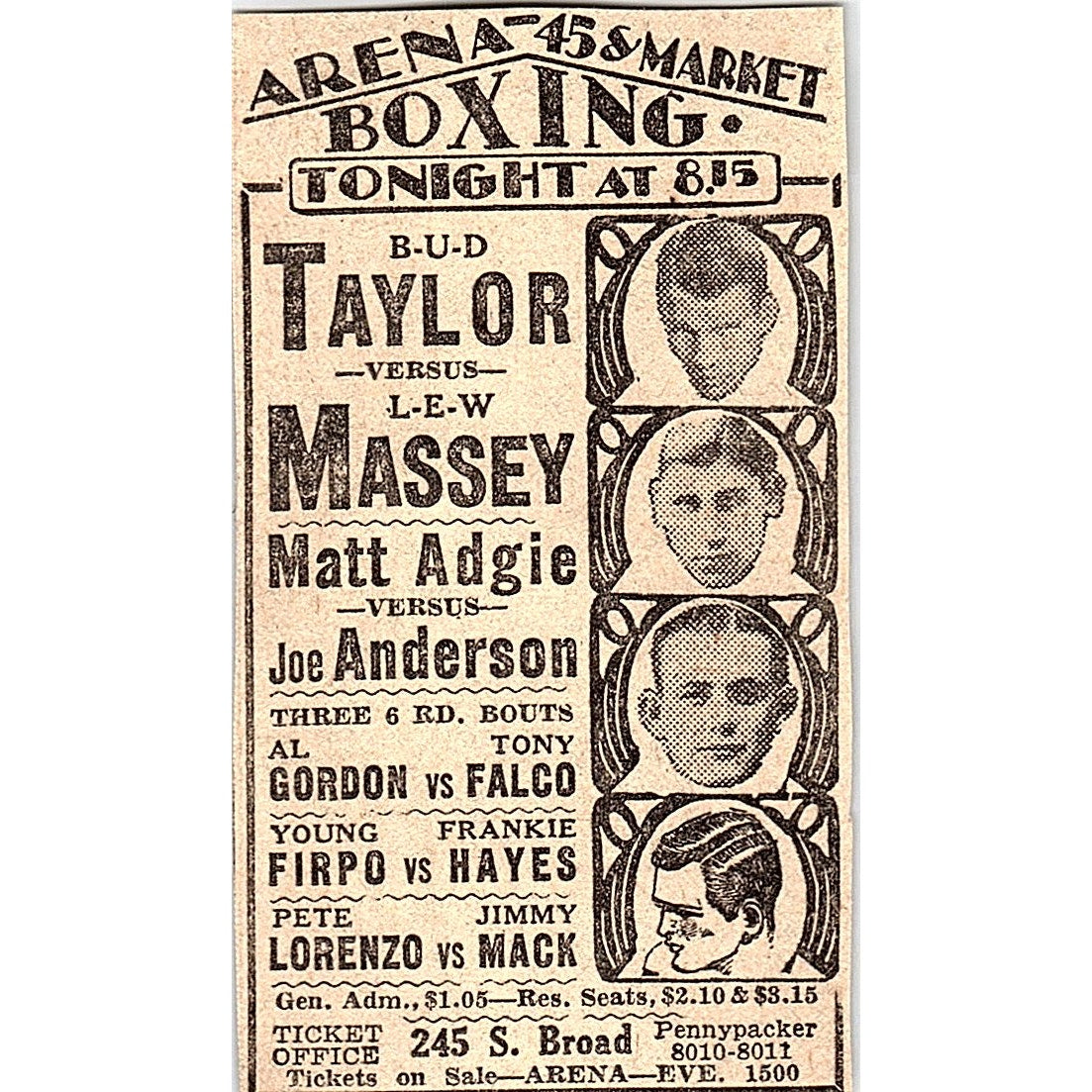 Bud Taylor Lew Massey 45 & Market Arena Boxing Card Philadelphia 1931 Ad AG3-M2