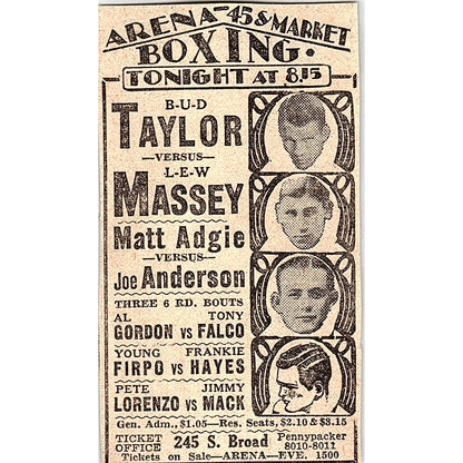 Bud Taylor Lew Massey 45 & Market Arena Boxing Card Philadelphia 1931 Ad AG3-M2