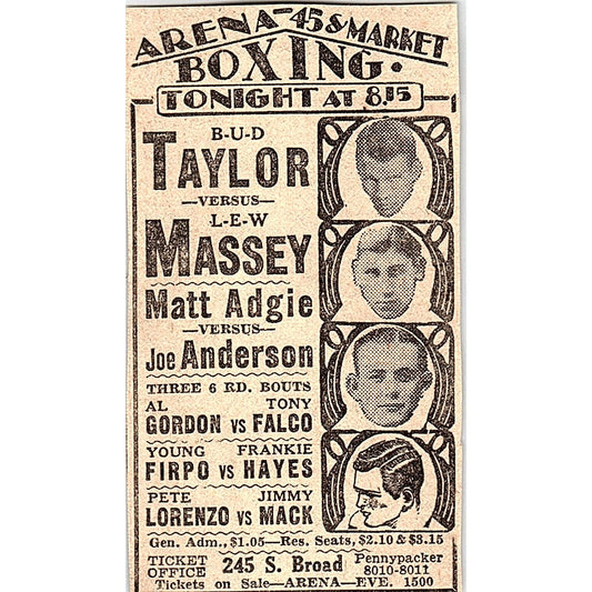 Bud Taylor Lew Massey 45 & Market Arena Boxing Card Philadelphia 1931 Ad AG3-M2