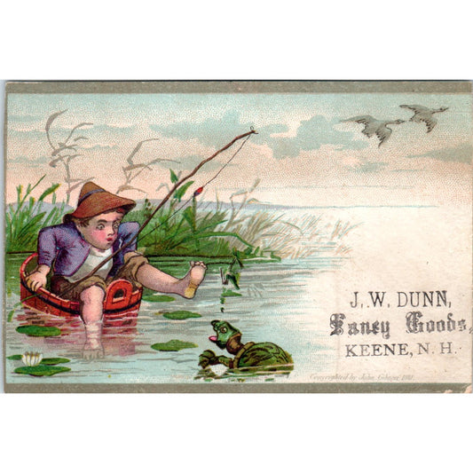 J.W. Dunn Fancy Goods Keene NH Boy Fishing c1880 Victorian Trade Card AB6-1