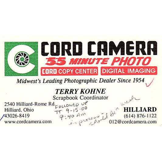 Cord Camera Terry Kohne Hilliard OH Vintage Business Card SC9-B9