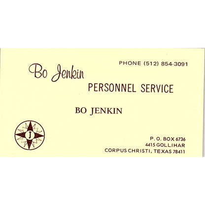 Bo Jenkin Personnel Service Bo Jenkin Corpus Christi TX Business Card SF3-B7