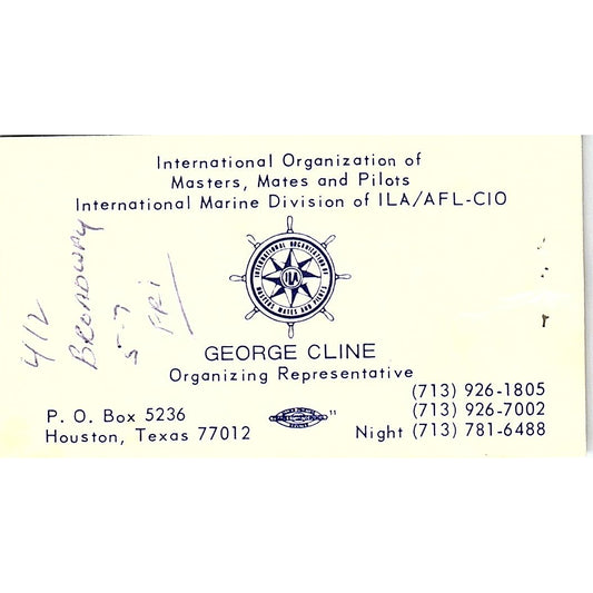 George Cline Masters, Mates & Pilots AFL-CIO Houston Vtg Business Card SC9-B13