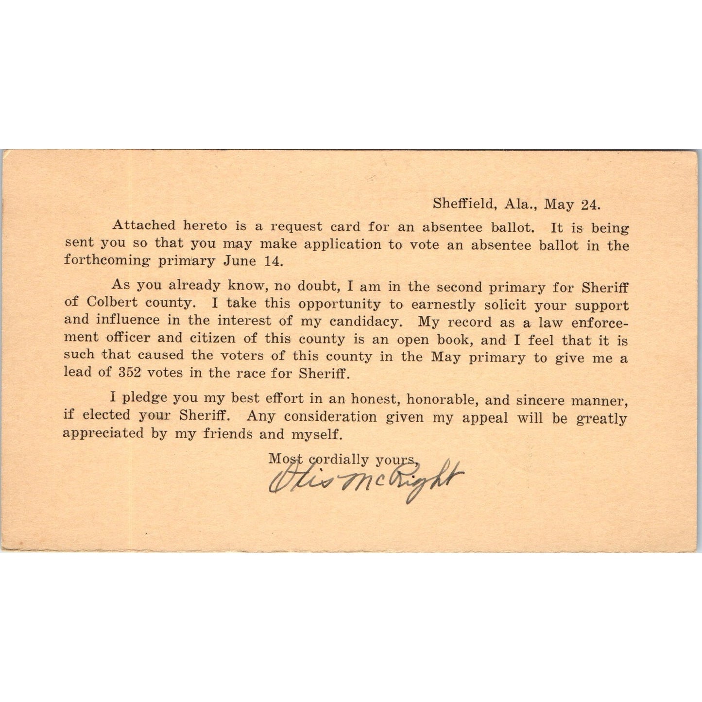 1938 Sheffield Alabama Absentee Ballot Request Postal Mailing Card PE7