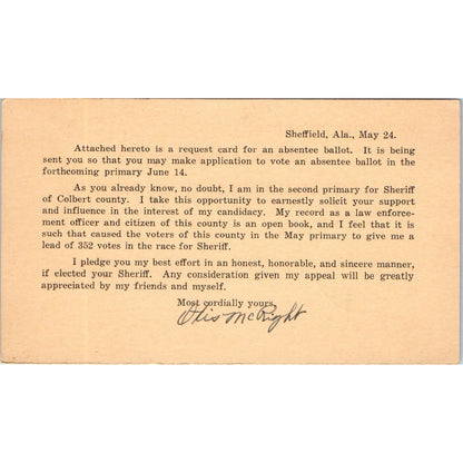 1938 Sheffield Alabama Absentee Ballot Request Postal Mailing Card PE7