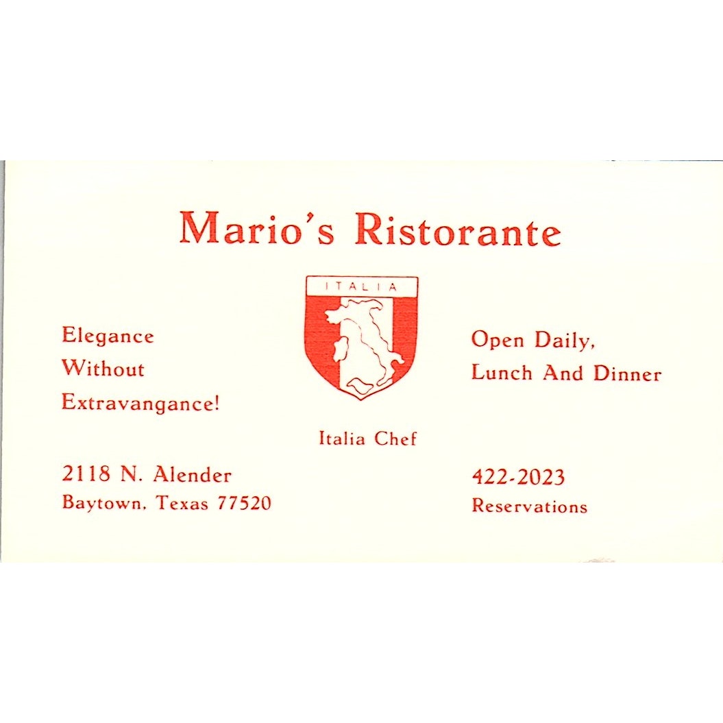 Mario's Ristorante Italian Restaurant Baytown TX Vintage Business Card SSB4-B13