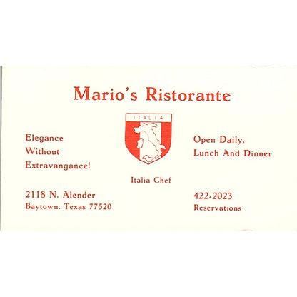 Mario's Ristorante Italian Restaurant Baytown TX Vintage Business Card SSB4-B13