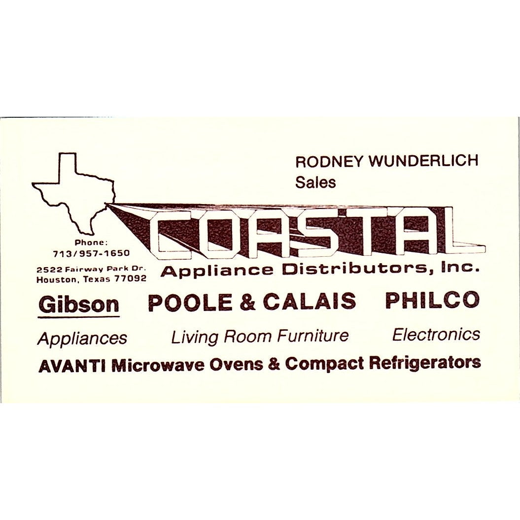 Rodney Wunderlich Coastal Appliance Distributors Houston Business Card SC9-B8