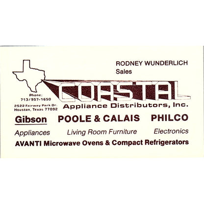 Rodney Wunderlich Coastal Appliance Distributors Houston Business Card SC9-B8