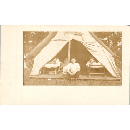 c1910 Edwardian RPPC Young Men Camping in a Tent Vintage Postcard PE4