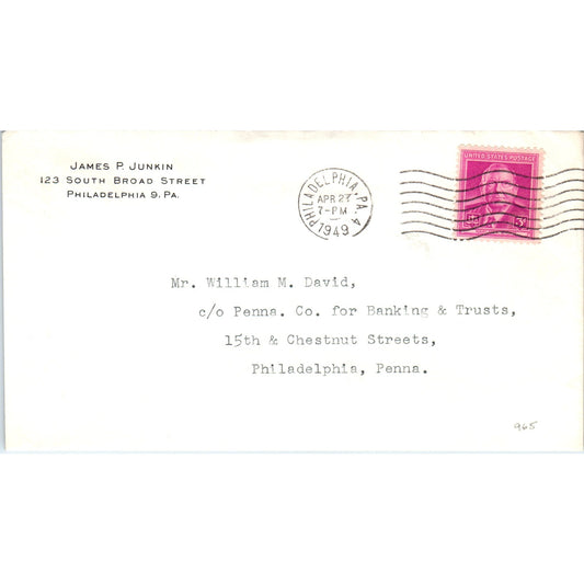 1949 James P. Junkin Philadelphia to William M. David Postal Cover TG7-PC1