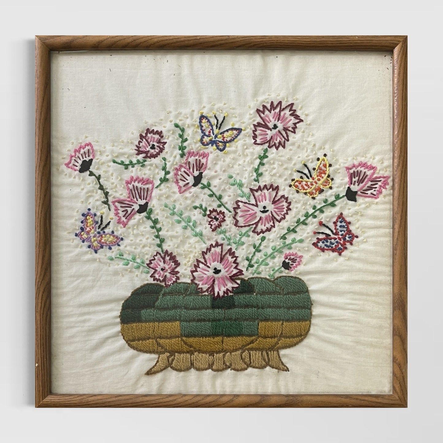 Vtg Framed Needlework Crewel Wool Embroidered Basket of Flowers Floral 15x15"