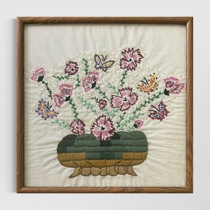 Vtg Framed Needlework Crewel Wool Embroidered Basket of Flowers Floral 15x15"